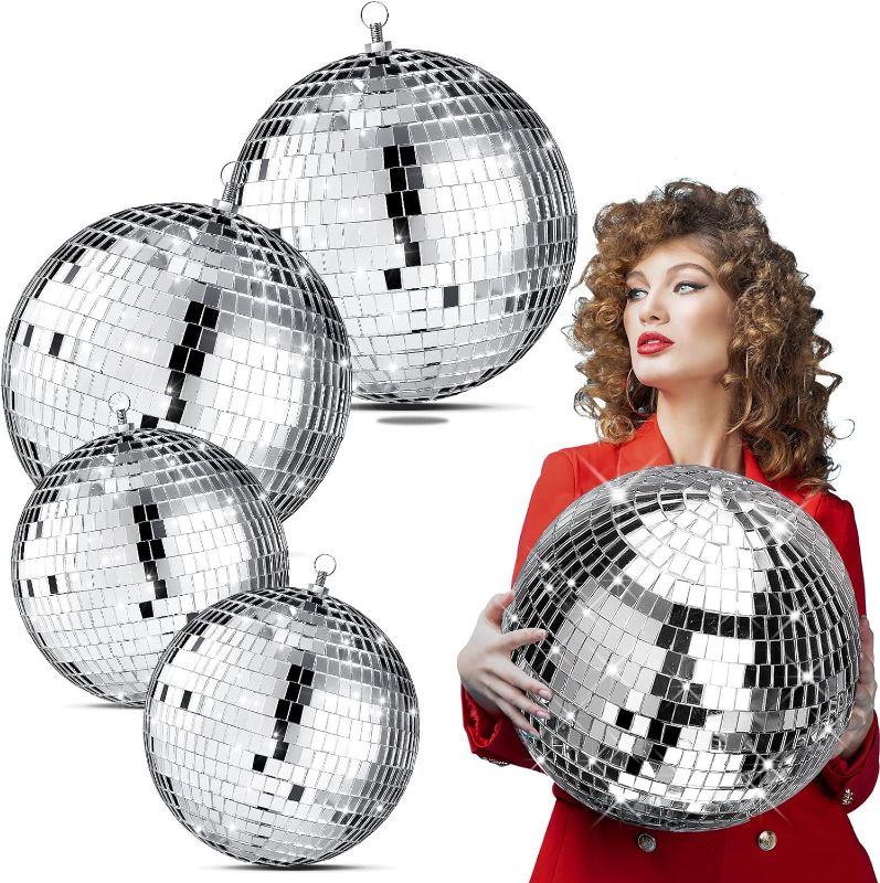 Photo 1 of 4 Pack Large Disco Ball Silver Hanging Disco Balls Reflective Mirror Ball Ornament for Party Holiday Wedding Dance and Music Festivals Decor Club Stage Props DJ Decoration (6 Inch, 8 Inch)
