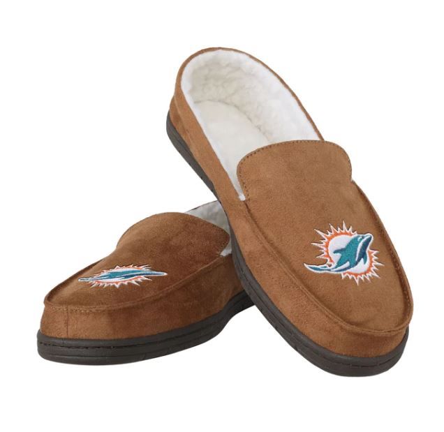 Photo 1 of MIAMI DOLPHINS NFL EXCLUSIVE MENS BEIGE MOCCASIN SLIPPERS. SIZE L
