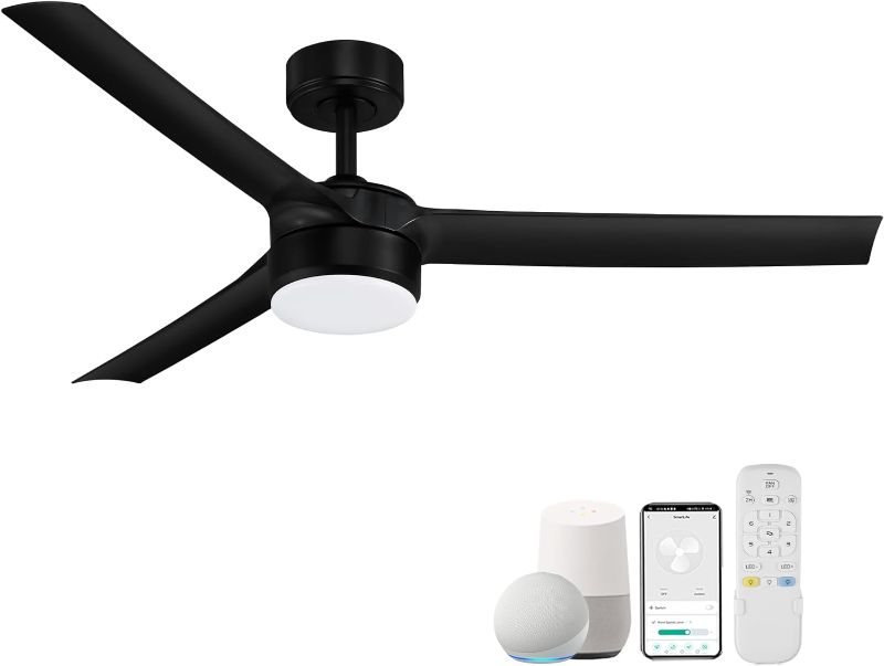 Photo 1 of 52” Smart Outdoor Ceiling Fans with LED Lights and Remote,Quiet DC Motor,6 Speed,Dimmable,Indoor Modern Ceiling Fan Controlled by WIFI Alexa App,3 Matte Black Blade for Bedroom Living Room Patio Porch