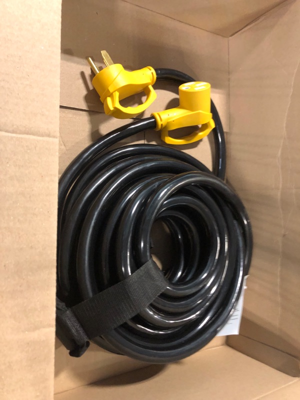 Photo 2 of 15 FT 30 Amp RV Extension Cord Outdoor with Grip Handle, Flexible Heavy Duty 10/3 Gauge STW RV Power Cord Waterproof with Cord Organizer, NEMA TT-30P to TT-30R, Black-Yellow, ETL Listed PlugSaf Yellow 15 FT - 30A