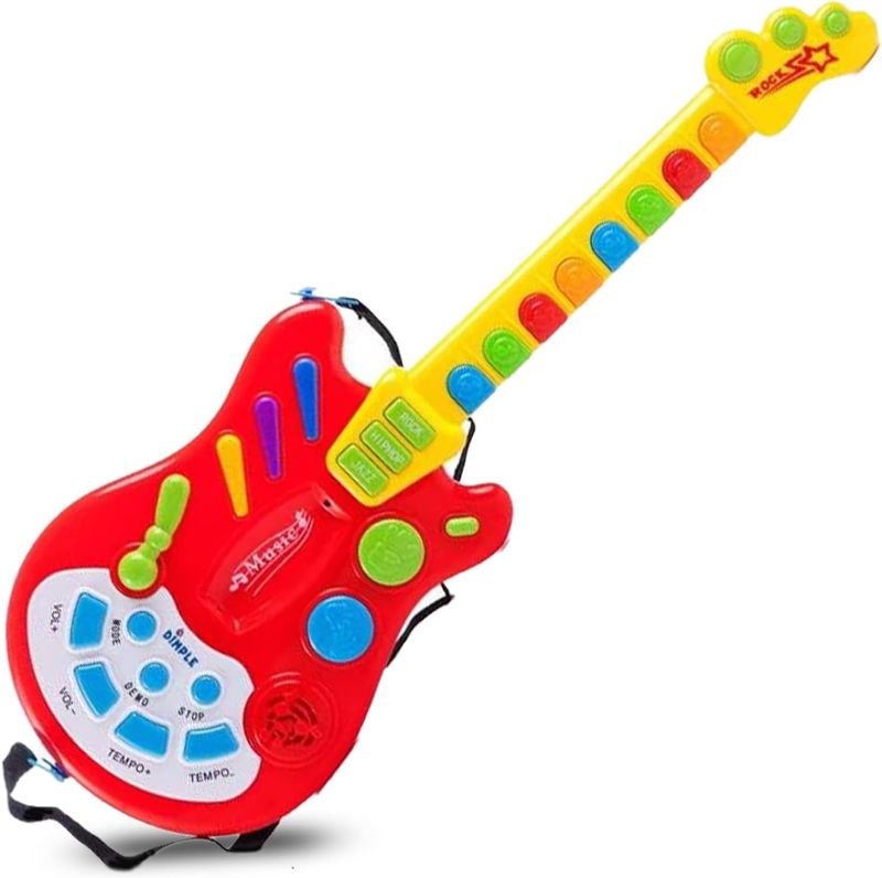 Photo 1 of Dimple Kids Handheld Musical Electronic Toy Guitar for Children Plays Music, Rock, Drum & Electric Sounds Best Toy & Gift for Girls & Boys (Red) (Single)
