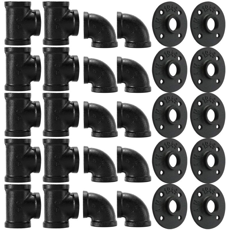 Photo 1 of 3/4"Black Pipe Fitting, Home TZH 30 Pack 3/4" Black Floor Flange/Elbow/Tee Combo for Industrial vintage style, Flanges/Elbow/Tee with Threaded Hole for DIY Project/Furniture/Shelving(30, Black 3/4")