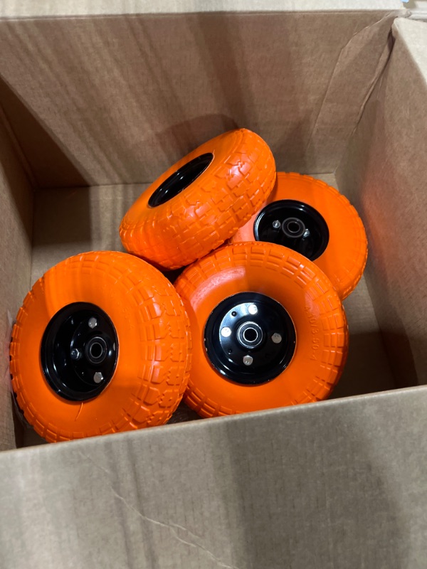 Photo 3 of 10" Flat Free Tires Solid Rubber Tyre Wheels?4.10/3.50-4 Air Less Tires Wheel with 5/8" Center Bearings?for Hand Truck/Trolley/Garden Utility Wagon Cart/Lawn Mower/Wheelbarrow/Generator?4 Pack, Orange 12.4 Pounds Orange