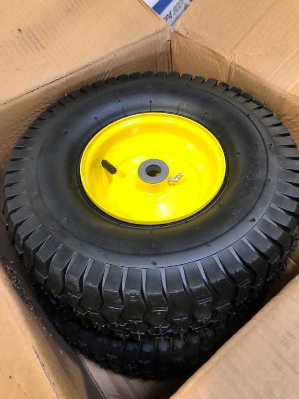 Photo 4 of (2 Pack) AR-PRO Exact Replacement 15" x 6.00 - 6" Front Tire and Wheel Assemblies for John Deere Riding Mowers - Compatible with John Deere 100 and D100 Series - 3” Hub Offset and 3/4” Bushings 15" x 6.00-6" Yellow