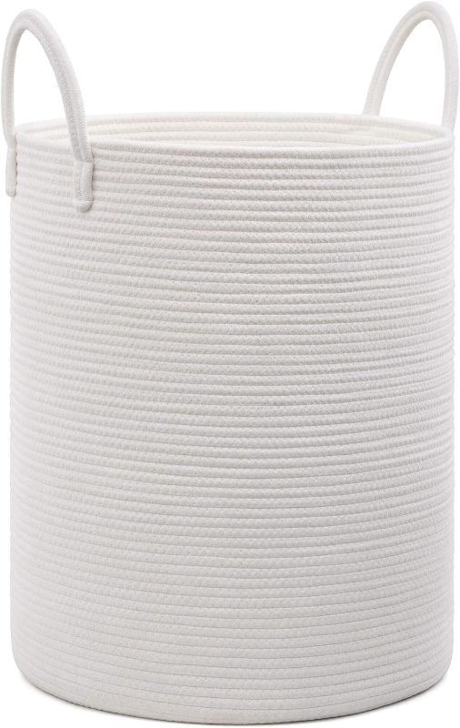 Photo 1 of Goodpick White Woven Laundry Basket, 66L Tall Baby Hamper for Toy, Rope Nursery Storage Basket, Clothes Hamper for Bathroom, Boho Laundry Basket for Blankets in Living Room - 16 x 20 inches