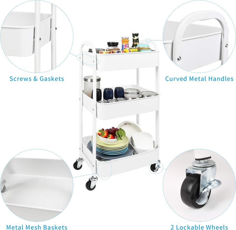 Photo 1 of 5-Tier Rolling Cart, Multipurpose Utility Cart, Rolling Carts with Lockable Wheels, Storage Cart Craft Cart Organizer for Bathroom Laundry Kitchen,Used as book art snack lash makeup diaper cart, White