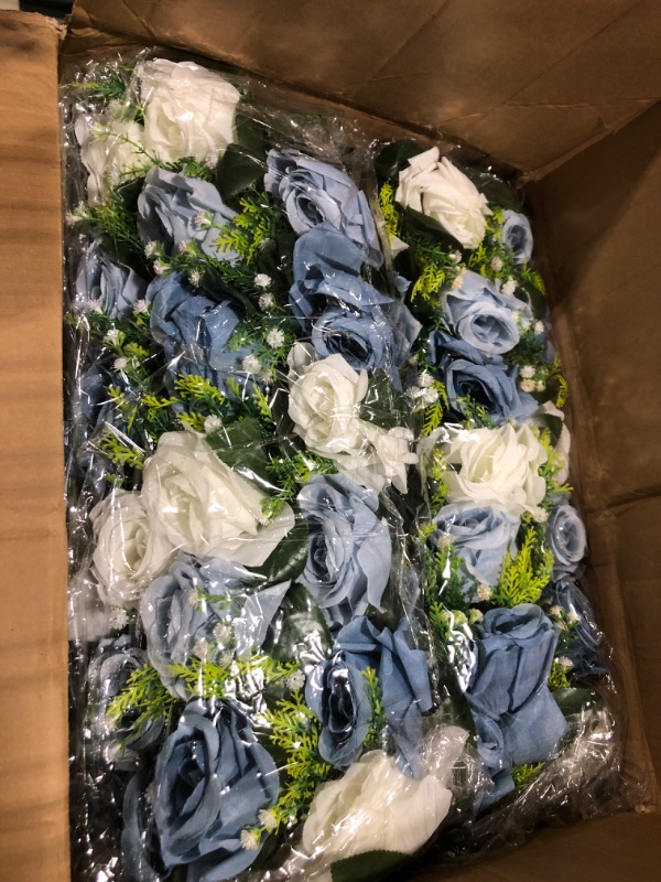 Photo 3 of BLOSMON Artificial Flowers Wedding Centerpieces Decorations Fake Flowers 10 Pcs Dusty Blue Silk Floral Arrangement Dinning Table Runner Centerpiece, Rose Flower for Room Reception Table Decor Dusty Blue-3 Colors 10