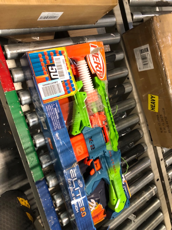 Photo 3 of **MISSING DARTS** Nerf Elite 2.0 Double Punch Motorized Dart Blaster, Rapid Alternating Barrels, 50 Nerf Elite Darts, 2X 10-Dart Clips, Ages 8 & Up