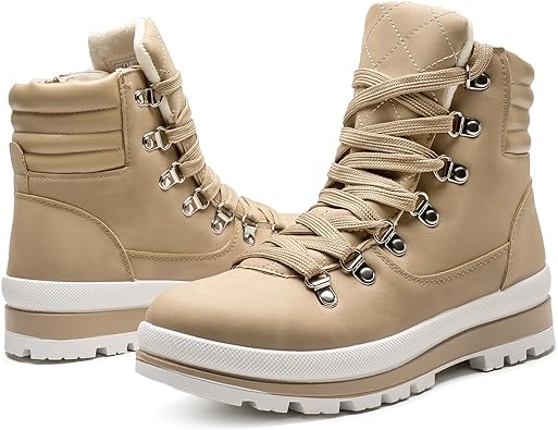 Photo 1 of hash bubbie Women's Combat Boots Black Platform Boots Non Slip Waterproof Ankle Boots Fall Winter Hiking Boots White Fuzzy Snow Boots for women with Zipper SIZE 9