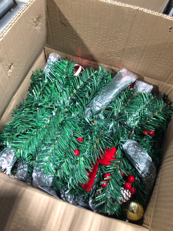 Photo 1 of 9 Ft 100 LED Prelit Christmas Garland with Lights Timer 8 Modes 18 Ball 6 Poinsettia 300 Thick Snowy Tips 18 Pine Corn 198 Red Berries Battery Operated Christmas Decor Mantle Fireplace Indoor Outdoor