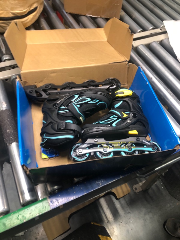 Photo 3 of 2PM SPORTS Vinal Girls Adjustable Flashing Inline Skates, All Wheels Light Up, Fun Illuminating Skates for Kids and Men Cyan & Yellow Small - Little Kid (11C-1 US)