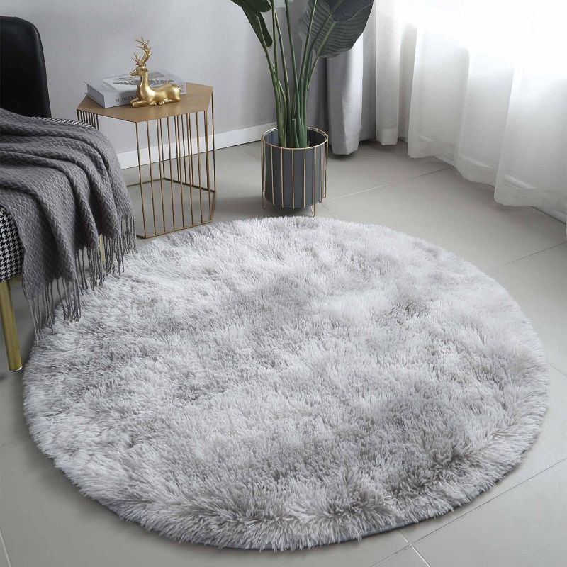 Photo 1 of 4ft Tie Dye Light Grey Fluffy Round Rug for Living Room Luxurious Circle Carpet for Bedroom Shaggy Plush Soft Grey Round Rug Home Decoration Carpets 2pack