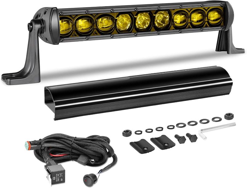 Photo 1 of 12 Inch Amber Light Bar Kit, AKD Part 63W Single Row LED Light Bar w/Wiring Harness Black Cover Spot Flood Combo Slim LED Bar for UTV ATV SUV Truck Pickup Snowmobile Boat