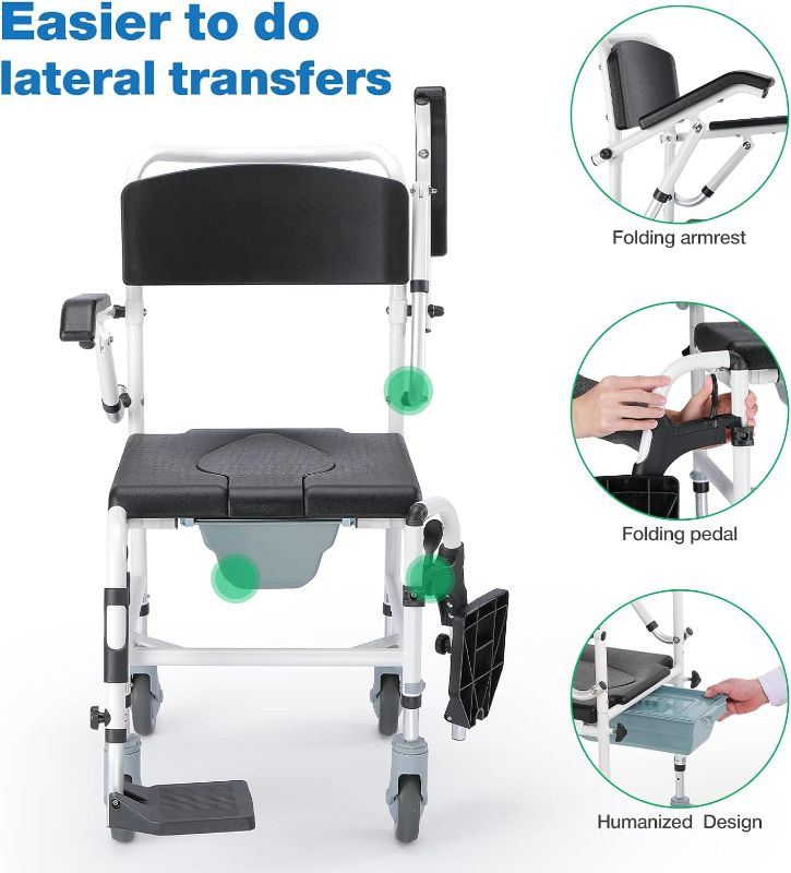 Photo 1 of GreenChief Shower Chair with Wheels|Rolling Shower Chair with Drop Arms|Shower Wheelchair Easy Transfer|Bedside Commode Chair|Mobile Potty Chair for Elderly, Disabled, Handicap (300LBS)