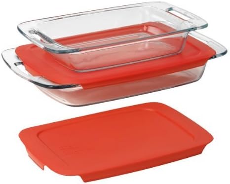 Photo 1 of ******CRACKED LID ******* Pyrex Easy Grab 4-Piece Value Pack, Includes 1, 3-Qt Oblong, 1, 2-Qt Oblong, With Red Plastic Covers