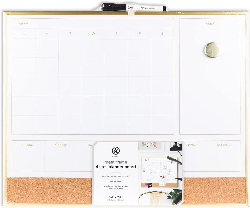 Photo 1 of U Brands Dry Erase Calendar with Gold Aluminum Frame Set, Office Supplies, with Magnet and Marker, 16” x 20”, 3 Pieces