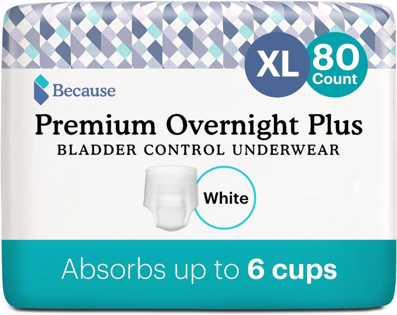 Photo 1 of Because Premium Overnight Plus Pull Up Underwear - Absorbs 6 Cups of Liquid, Soft & Leak-Proof, White, small medium - 80 Count (4 Packs of 20), Packaging May Vary