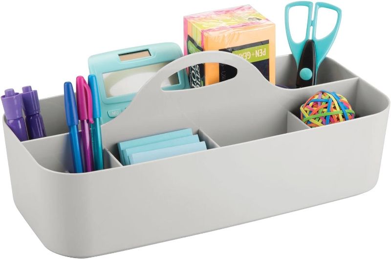 Photo 1 of mDesign Large Plastic Divided Office Storage Organizer Caddy Tote with Handle for Cabinet, Desk, Workspace - Holds Desktop Supplies, Pens, Pencils, Markers, Staplers - Lumiere Collection - Light Gray