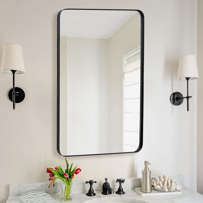 Photo 1 of ANDY STAR Wall Mirror for Bathroom, 24x36 Inch Black Bathroom Mirror, Stainless Steel Metal Frame with Rounded Corner, Rectangle Glass Panel Wall Mounted