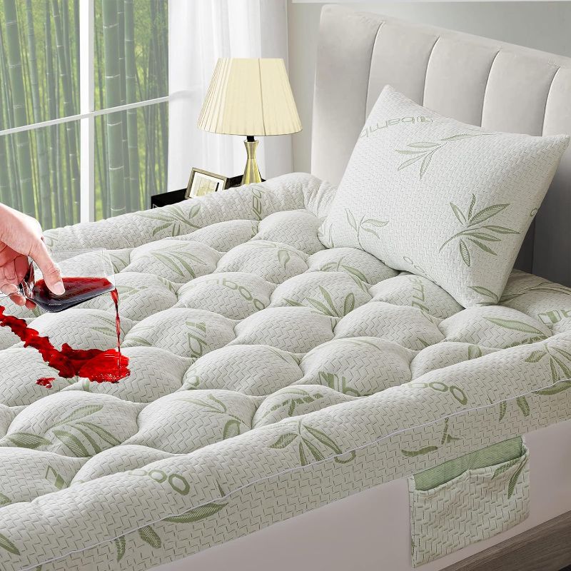 Photo 1 of Bamboo Mattress Topper with 1 Pillow Protector, Side Pocket, Waterproof Mattress Protector, Cooling Extra Thick Breathable Mattress Pad Cover,8-21” Deep Pocket- Queen