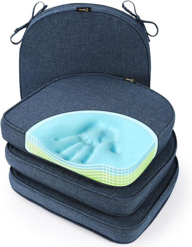 Photo 1 of SUNROX Gel Memory Foam Chair Cushion with Ties, Ultra Durable Water Resistant FadeShield Outdoor/Indoor Reversible Chair Seat Cushion 17 x 16 inch Set of 4, Heather Indigo