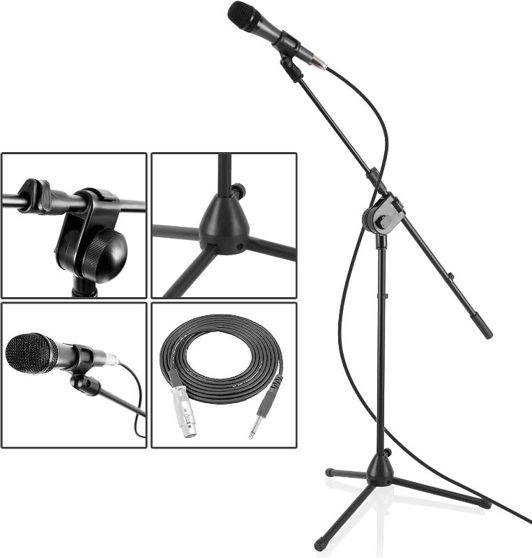 Photo 1 of PYLE Dynamic Microphone and Tripod Stand Arm Mic Length 7.48'' Inch w/Acoustic Pop Filter-Includes 15' ft XLR Cable, Black (PMKSM20)