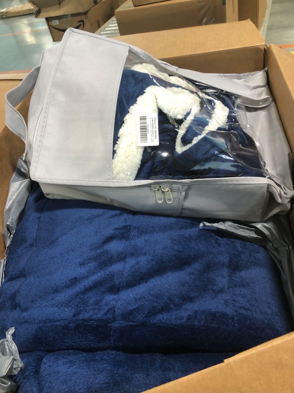 Photo 2 of 3-Layer Luxury Flannel Fleece Thick Bed Blanket Full Queen Size, Soft Plush Velvet Sherpa Blanket with 2 Pillow Shams Heavy Warm for Winter, Breathable n Washable, Navy Blue Navy Blue Queen 86"x86"