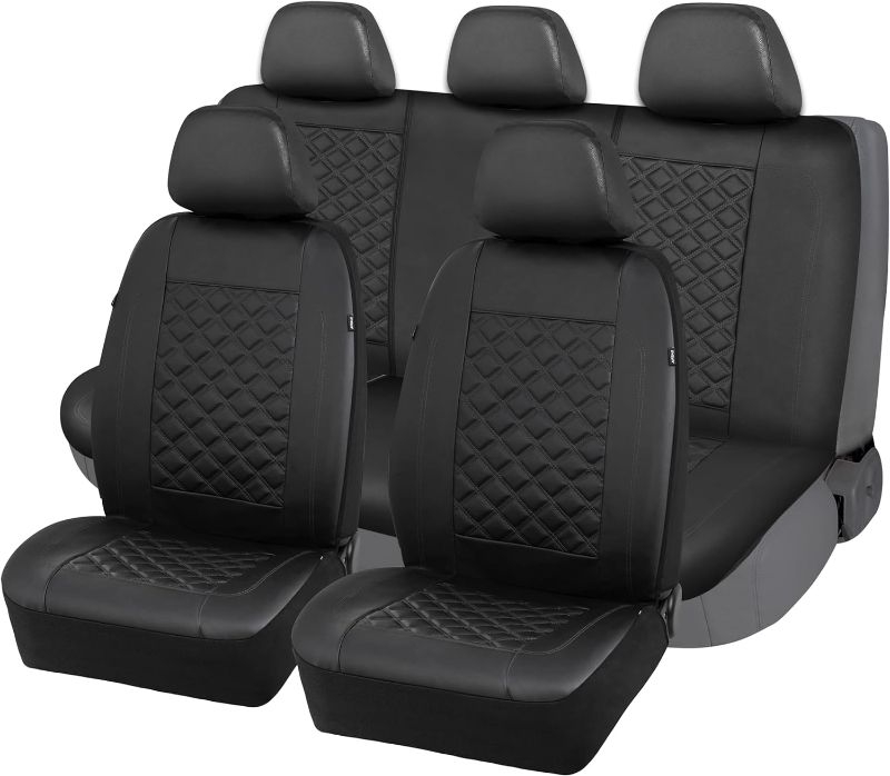 Photo 1 of TIEHESYT Black Car Seat Covers Full Set, Breathable Leather Automotive Front and Rear Seat Covers & Headrest for Comfortable Driving, Universal Auto Interior Fit for Most Kinds of Vehicles, Cars Elegant Black Front Pair and Rear