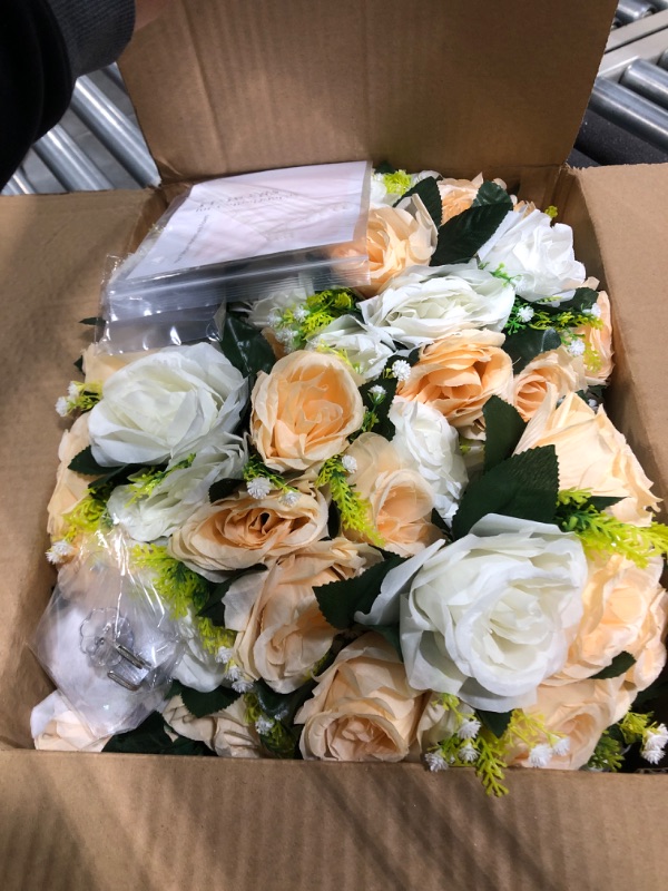 Photo 1 of Flower Balls Wedding Rose Centerpieces: 10 Pcs Fake Flowers with Base Kissing Balls Decor Champagne &White Artificial Floral Arrangements Flower Bouquet of Roses Home Party Table DIY Decorations