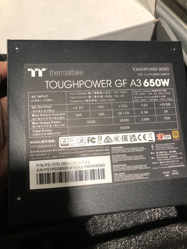 Photo 3 of Thermaltake Toughpower GF A3 650W 80+ Gold Full Modular SLI/Crossfile Ready ATX 3.0 Standard Power Supply; PCIe Gen.5 300W 12VHPWR Connector Included; PS-TPD-0650FNFAGU-L; 10 Year Warranty Black 650W Gold (ATX 3.0)