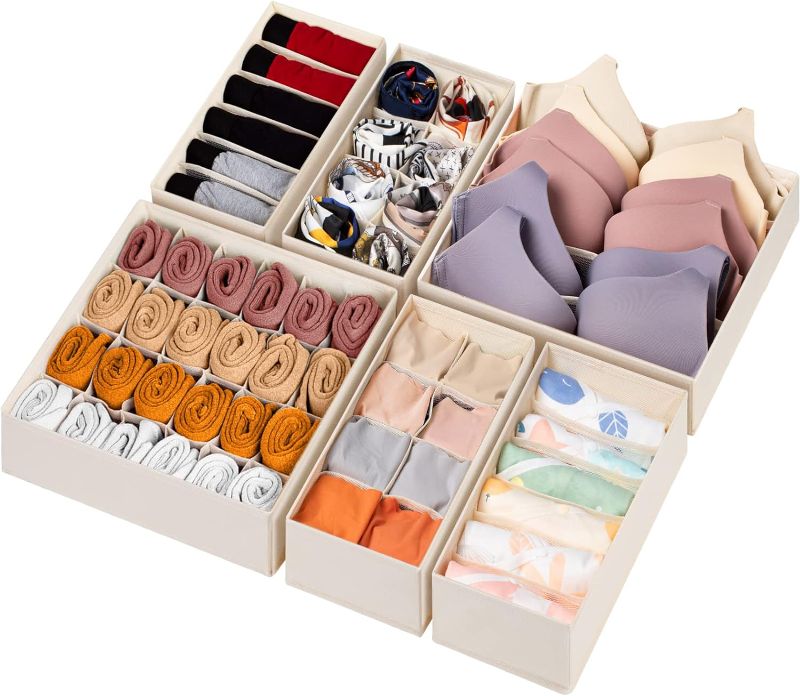 Photo 1 of 6 Pack Sock Underwear Drawer Organizer Dividers, 58 Cell Foldable Fabric Dresser Closet Organizers and Storage Bins for Clothing, Baby Clothes, Bra, Panty, Scarf, Ties (Beige) 6 Pack Beige
