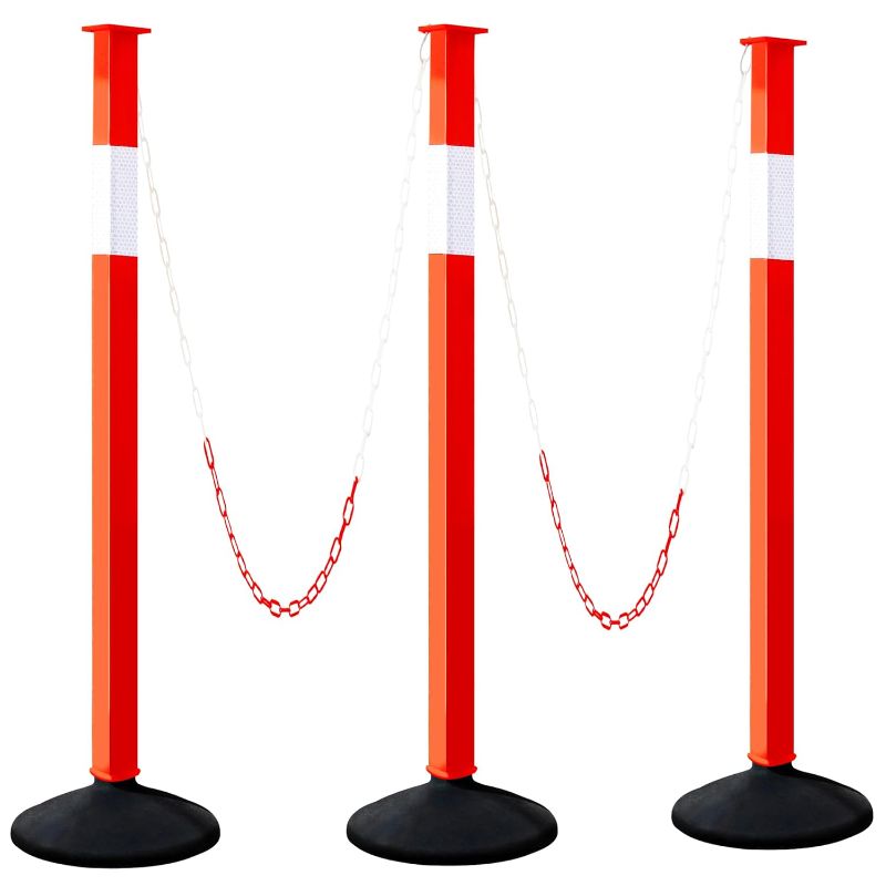 Photo 1 of [3 Pack] Adjustable Traffic Delineator Post Cones with Rubber Weighted Base & Reflective Collars, Parking Safety Cones with 4 FT Plastic Chains -Orange Driveway & Parking Barrier?Patented?