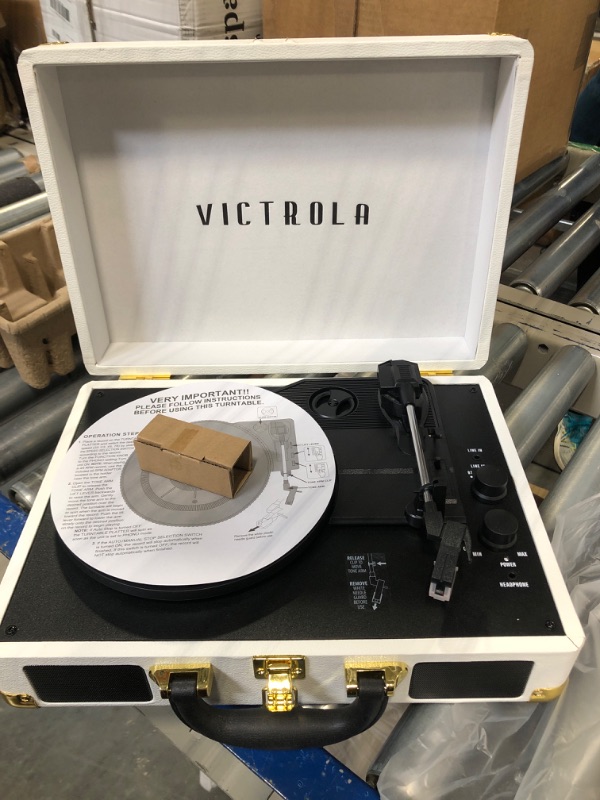 Photo 3 of Victrola Vintage 3-Speed Bluetooth Portable Suitcase Record Player with Built-in Speakers | Upgraded Turntable Audio Sound| White (VSC-550BT-WH) White Record Player