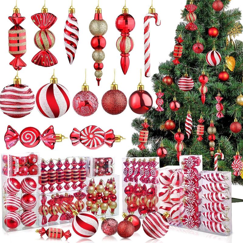 Photo 1 of 84 pcs christmas   Tree Ornaments Red and White Ball Ornaments Bulk, Xmas Hanging Candy Ornaments Swirl Lollipop Ornament Candy Cane Decorations for Christmas  tree party decor kids