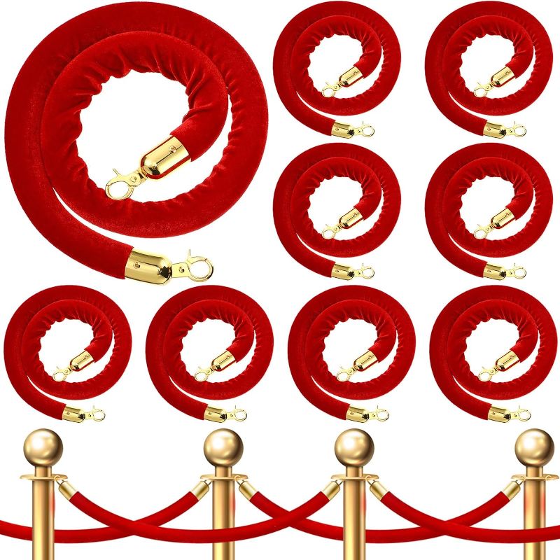 Photo 1 of 9 Pieces Velvet Stanchion Rope Bulk 4 Feet Crowd Control Barriers Safety Velvet Rope with Polished Gold Hooks for Movie Theaters Openings Hotels, Carpet, Party, Not Include Stanchion Post (red)