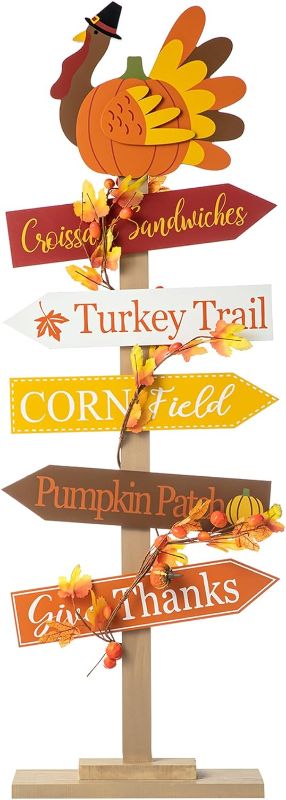 Photo 1 of Glitzhome 42.75”H Thanksgiving Wooden Turkey Porch Sign Fall Harvest Turkey Word Sign Standing Decor Rustic Welcome Sign Porch Sign for Thanksgiving Fall Harvest Autumn Yard Sign