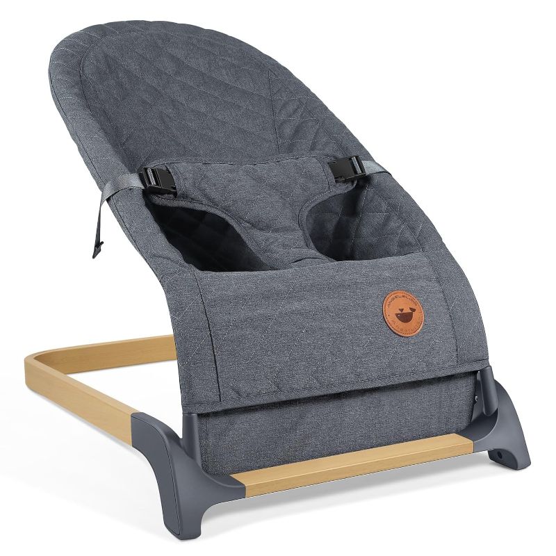 Photo 1 of ANGELBLISS Baby Bouncer, Portable Bouncer Seat for Babies, Infants Bouncy Seat with Wood Grain Base, Natural Vibrations (Grey)