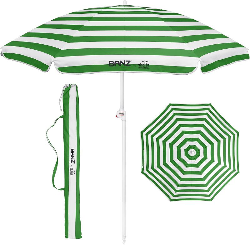 Photo 1 of BANZ Noosa Green and White Cabana Stripe Adjustable Beach Umbrella - Compact, UPF 50+ Rated, Lightweight & Durable Balcony Umbrella