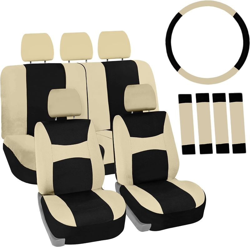Photo 1 of Automotive Seat Covers Beige Black Universal Fit Seat Cover Combo Set with Steering Wheel Cover and Seat Belt Pad (Airbag Compatible and Split Bench) FH Group FB030BEIGEBLACK115-COMBO