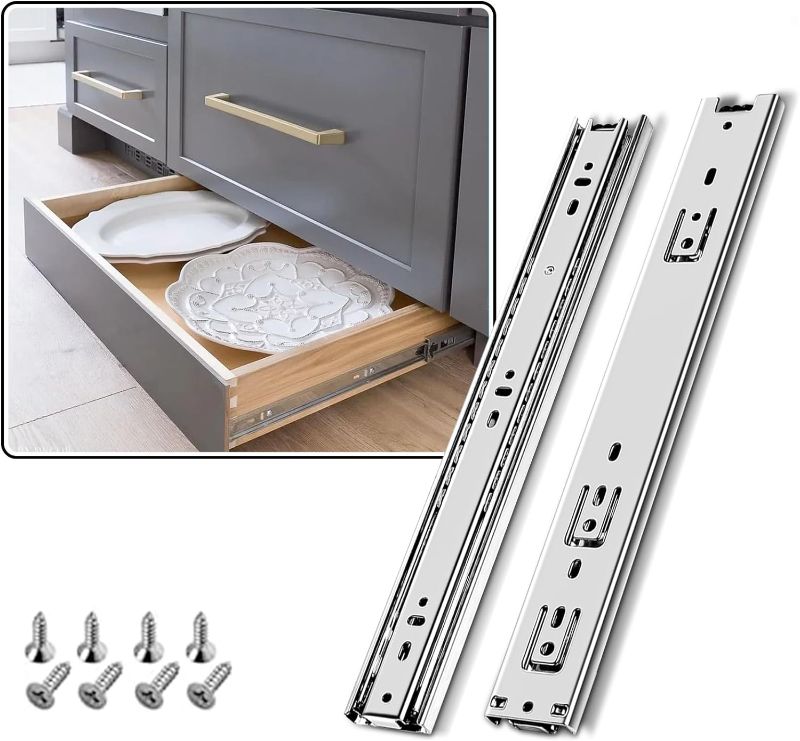 Photo 1 of BAIDICE 1 Pair Full Extension Ball Bearing Drawer Slides 8 10 12 14 16 18 20 22 24 Inch 100 LB Load Capacity Side Mount File Cabinet Rails Dresser Metal Runner Trash Can Kitchen Slider Glide Silver