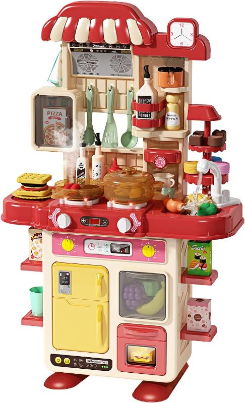 Photo 1 of Deejoy Kitchen Playset[Red],48Pcs Play Kitchen Set for Boys and Girls, Kitchen Toys with Realistic Lights&Sounds, Simulation of Spray and Play Sink, Pretend Play Food Toys with Toddler