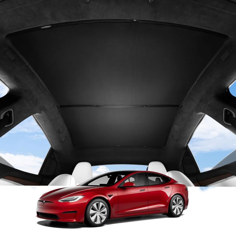 Photo 1 of BASENOR 2024 2023 2022 Tesla Model S/Model S Plaid Glass Roof Sunshade UV Rays Protection Foldable Sunroof Sunshade Top Window Sun Shades for Tesla Model S Heat Isolate Split Type Upgraded Black