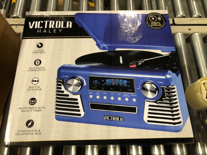 Photo 2 of Victrola Retro Record Player with Bluetooth and 3-Speed Turntable (Blue) Blue Record Player