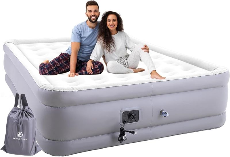 Photo 1 of ALPHA CAMP 19” Queen Size Air Mattress with Built-in Pump, Double Height Inflatable Airbed Blow Up Mattress with Soft Plush Top, Airbed for Home Guests Portable Camping Travel