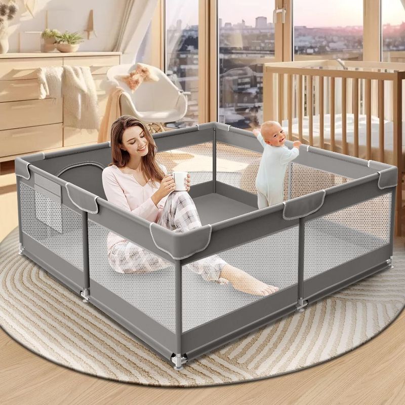 Photo 1 of XVISHX Baby Playpen 50 x 50 Inch Play Pen Playards, Playpen for Babies and Toddlers, Baby Playard for Indoor & Outdoor Active Center Game Fence, with Skin-Friendly Fabric and Soft Breathable Mesh Grey