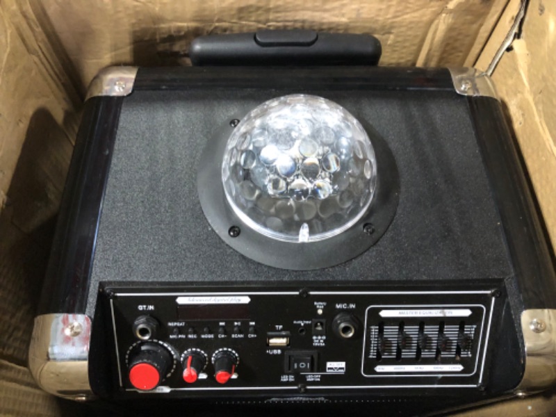 Photo 3 of KaraoKing Wireless Karaoke Machine for Adults & Kids 4 in 1: Karaoke, Disco Ball, Bluetooth Party Speaker with Subwoofer, Guitar Amplifier, 2 Wireless Microphones, Phone/Tablet Holder & Remote (G100)