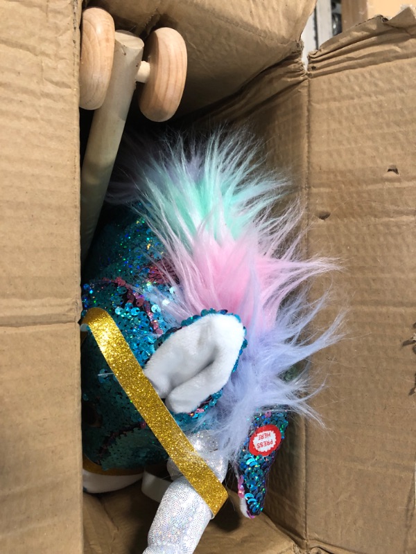 Photo 3 of HollyHOME Sequin Unicorn Stick Horse with Wood Wheels Real Pony Neighing and Galloping Sounds Plush Unicorn Toy Blue 36 Inches(AA Batteries Required)