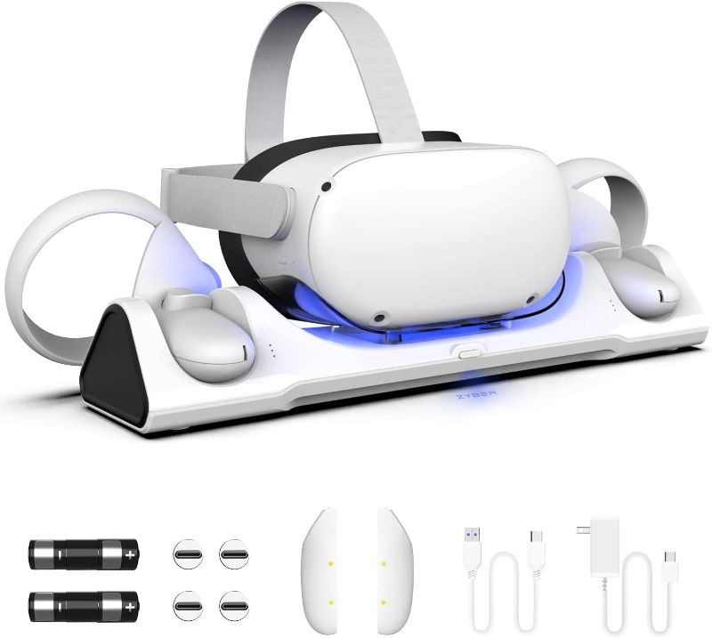 Photo 1 of ZYBER Charging Dock for Meta Quest 2, VR Charger Station for Charging Oculus Quest 2 (Support Elite Strap with Battery), Charging Stand with 2 Rechargeable Batteries, USB-C Charger and Cable