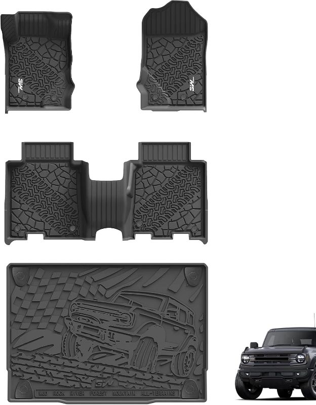 Photo 1 of 3W Floor Mats & Cargo Liner Compatible for 2021-2023 Ford Bronco 4 Door, TPE All Weather Custom Fit Floor Liner 1st 2nd Row and Trunk Mat Full Set Car Mats, Black (Not for Bronco Sport)
