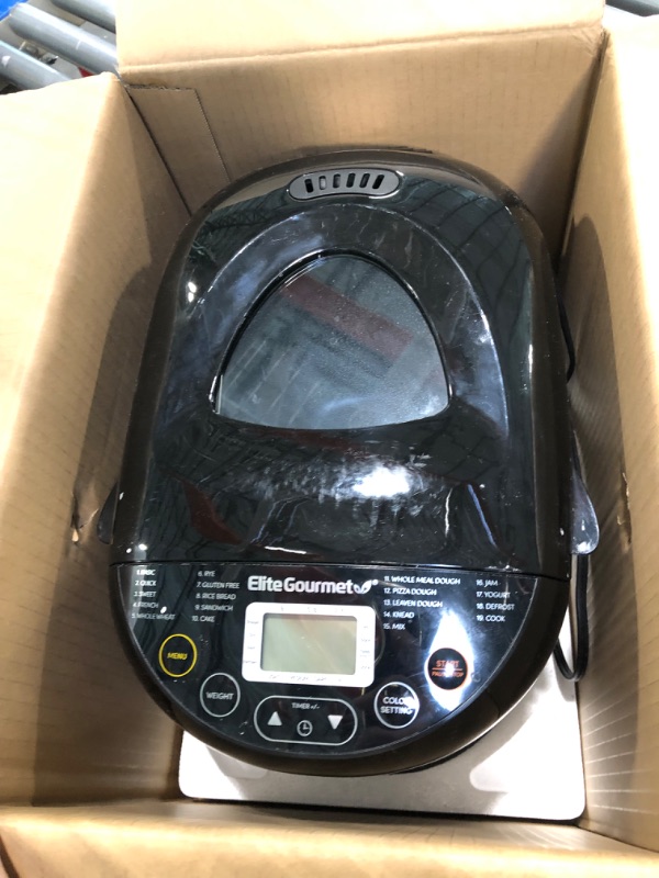 Photo 1 of Elite Gourmet EBM8103B Programmable Bread Maker Machine, 3 Loaf Sizes, 19 Menu Functions Gluten Free White Wheat Rye French and more, 2 Lb, Black